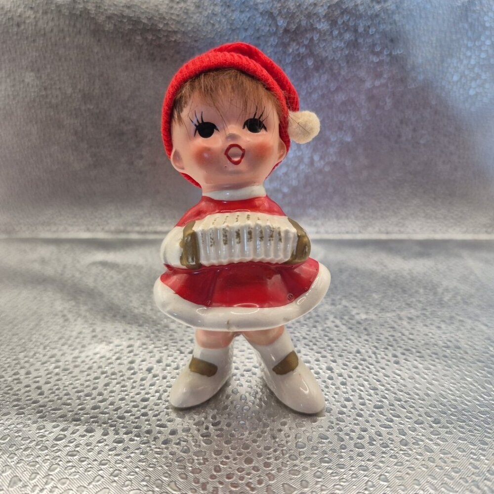 Vintage MCM Pixie Girl ‘Real’ Hair & Knit Hat in Red Christmas Elf Suit by Napco